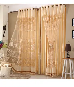 Luxury European Flower Printed Sheer Tulle Curtains For Living Room Red Yellow Gold Bottom Voile Curtains Drapes For Bedroom