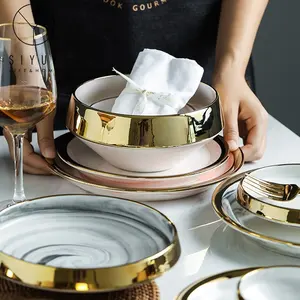 Скандинавские круглые мраморные керамические фарфоровые тарелки с золотым ободом для ужина на свадьбу и дома 2084