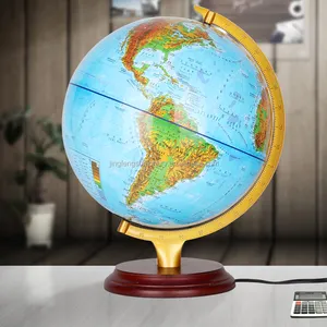 Ap02 — Globe en plastique PVC monde, 32cm, avec règle en fer, base en bois, éclairage LED