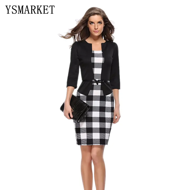 Mode Dernières Femmes Imprimé Travail Formel Robe Dames Plaid Robe De Bureau D'affaires 3/4 Manches Crayon Robe Ceinturée E708