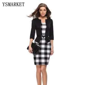 Fashion Latest Women Printed Formal Work Dress Ladies Plaid Office Dress Business 3/4 Sleeve Pencil Belted Dress E708