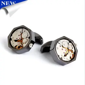 Steampunk mechanical Watch Cufflinks 3D Gunmetal Black Clockwork movements Cuff Links Man Jewelry Wedding Gift
