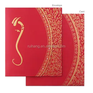 High-end Indian style red poker fold wedding invitations with peacock pattern & rhinestone decorations