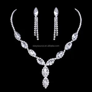 Wedding Gown Ornaments Long Chain Rhinestone Necklace Earring Set Bridal Chandelier Earring with Necklace