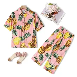 Estate ananas fragola stampato delle Donne Set Pj Indumenti Da Notte manica Corta pantaloni di scarsità mezza pantaloni Button-Down Pigiama di Raso