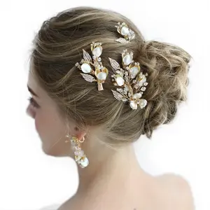 Ameliebridal Gold Champagne Painted Bud Crystal Flower Girl Bobby Pins HairClip Earring Wedding hair Accessories Wholesale China