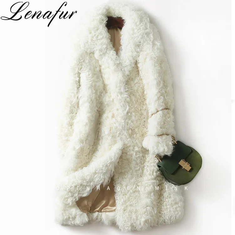 Beige Long Slim Sheep Curly Leather Shearling Wool Fur Coat For Women