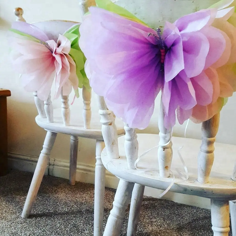 Decorações para cadeira de festa de casamento, pom de 14 polegadas com borboleta