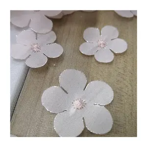 3D chiffon laser cut flower embroidery with silver metallic fabric lamination for women dress