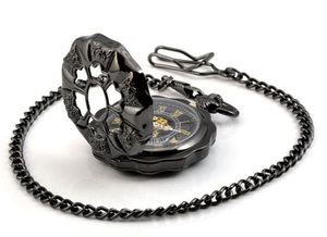 الرجال العتيقة الفاخرة العلامة التجارية قلادة الجيب وفوب الساعات ساعة الذكور أسود Steampunk الهيكل العظمي الميكانيكية ساعة جيب ذات سلسلة - Product Image 5