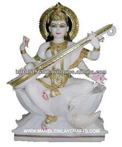 Estatua de piedra de mármol blanco de Makrana brillante, estatua de diosa Saraswati Mata Ji sentado en flor de loto, se encuentra en la escuela y la Oficina - Product Image 1