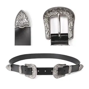 Custom Wholesale Western Vintage Skinny Double Buckle Woman Fashion Pu Leather Belt