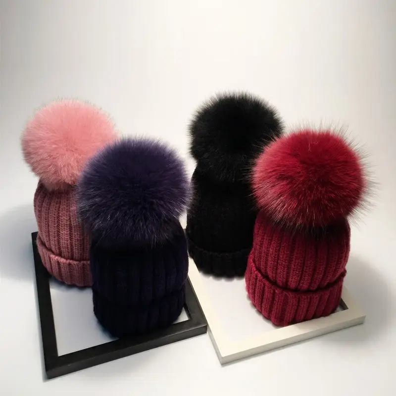 h104 Apparel Accessories Winter Red Removable Fox Bobble Hat For Women Warm Knitted Beanies With Fur Pom Poms.Wool Fur hat
