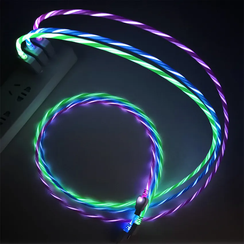 Kabel Pengisi Daya USB LED Cahaya Mengalir, Kabel Pengisi Daya Tipe C/Mikro USB/8 Pin untuk iPhone X Samsung Galaxy S9 S8