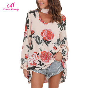 Gran stock corte frontal suelta ajuste alto bajo hem imprimir algodón señora blusa tops mujeres - Product Image 1