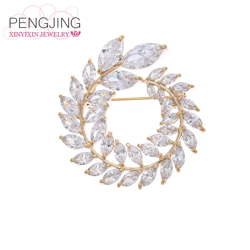 Corona de circonia cúbica para mujer, broche de hojas plateadas, Pin elegante, accesorios para traje, joyería de cristal, 2019