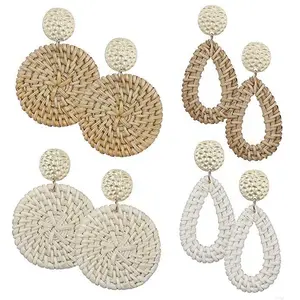 Fashion Natural Recycelbare Rattan Ohrringe Raiifa Cord Geflochtene Disc und Tear Drop Anhänger Ohrringe für Frauen