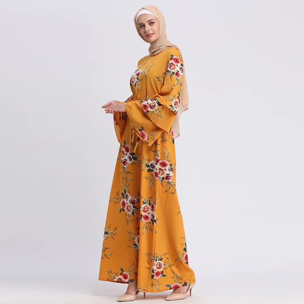 New Trendy Modest Dubai Mode Blumen druck Polyester Abaya Ägypten Kleider Muslim Kleid 2017 Simple Kaftan