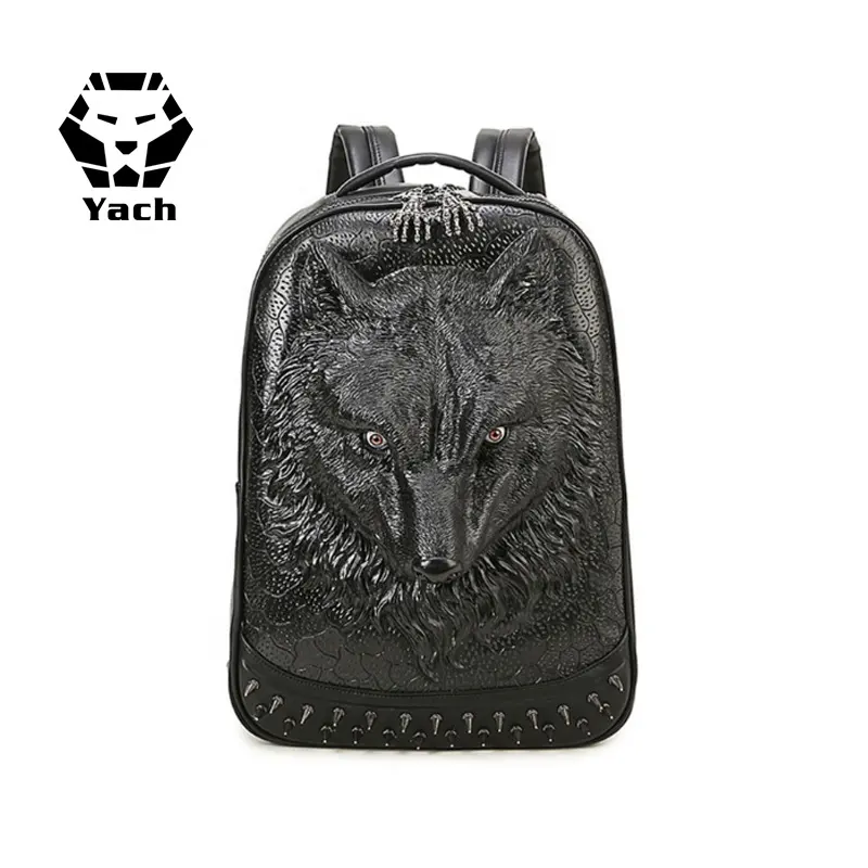 Creative pu shoulder male student 3D animal personality backpack tide cool rivet silicone wolf head bag 3d wolf backpack