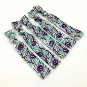 Peacock Feather Print Hair Tie FOE Elastic Hairband WomenのHead着用Knotted Pony Tail Holder 100ピース/ロット