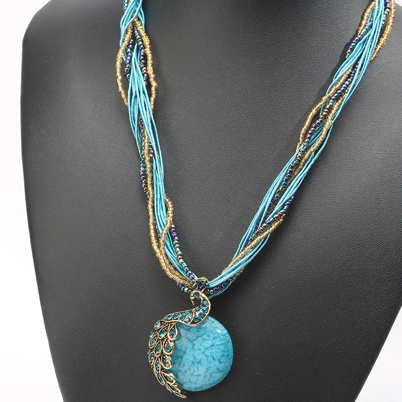 FO0829 Huilin estilo bohemio retro Pavo Real gema colgante collar señora cuentas de cristal con collar de cuerda para mujeres