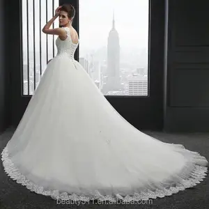 Koleksiyon popüler gelin elbise kısa kollu derin yuvarlak yaka düğün elbisesi dantel ED542