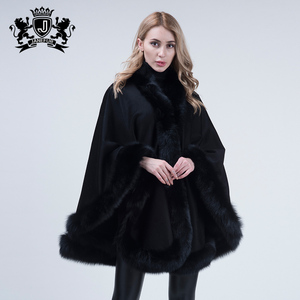 Popular Cashmere Cape Real fox Fur <strong>Women</strong> Poncho Fur Trim <strong>Cloak</strong> - Product Image 1