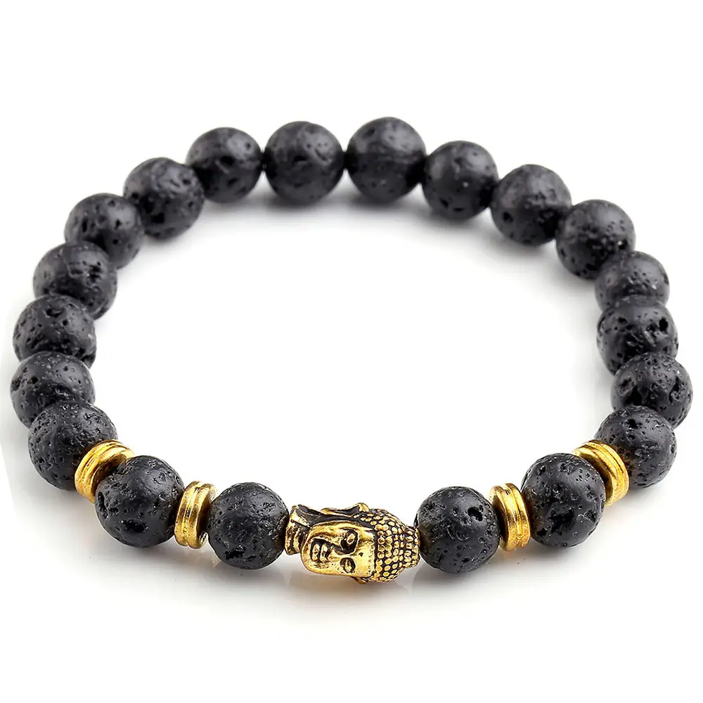 Antique Black Lava Lucky Bracelet Rock Beads Gold Buddha Head Bracelet For Mens