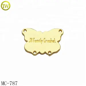 Gold plated butterfly shape garment accessories metal tags zinc alloy engraving letter metal sewing labels