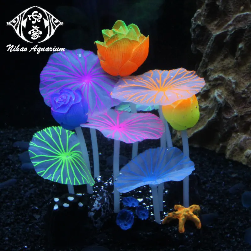 Fleur de Lotus feuille d'aquarium brille dans le noir plantes artificielles en plastique Silicone Aquarium ornement décoration d'aquarium