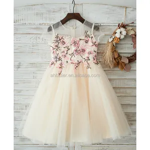 लघु आस्तीन रंगीन फीता शैम्पेन Tulle शादी फूल लड़की पोशाक राजकुमारी जन्मदिन की पार्टी ड्रेस बच्चों को बच्चा लड़की पोशाक