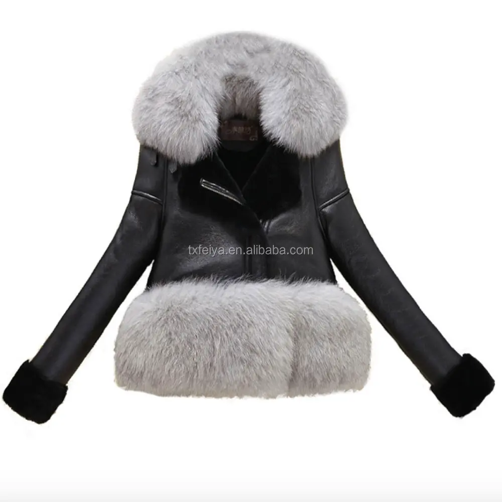 2017 Winter Fox Fur Trim Coat For Women Sheepskin Double faced Leather Jacket