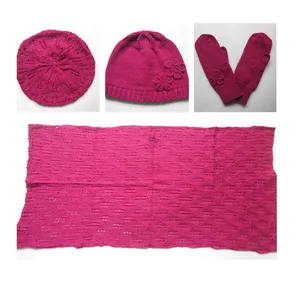 Venda quente design personalizado rosa de malha moda inverno senhora cachecol conjuntos de luvas chapéu