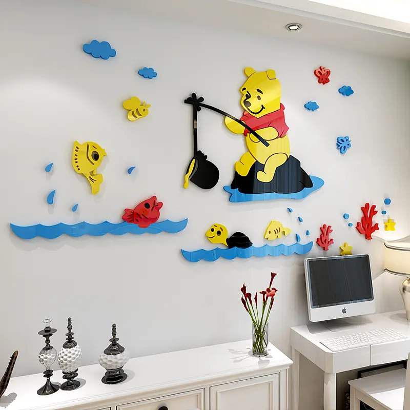 Pooh cartoon children room wall decoration acrylic stickers kindergarten wall arts