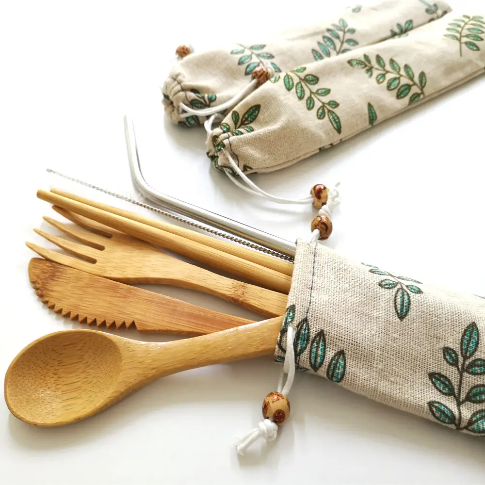 Wholesale Factory Eco Reusable Bamboo Wood Travel Utensils Cutlery Set