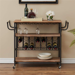 <span class=keywords><strong>Chariot</strong></span> en bois de style rustique industriel pour la cuisine, porte-bouteilles à vin long et large pour 14 bouteilles, accessoire ménager - Product Image 2