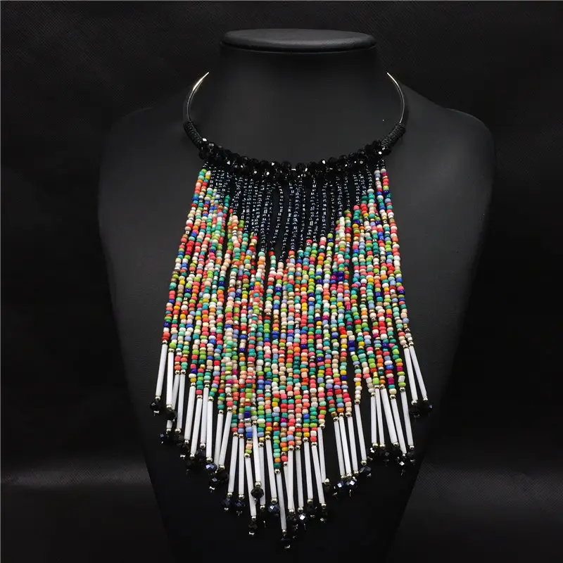 Exeggerate Costume Jewelry Women Bib Chunky Long Tassel Seed Bead Necklace