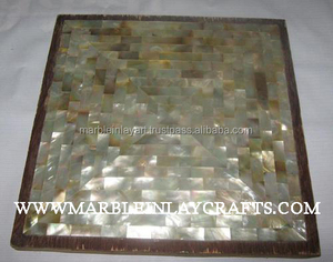White Mother Of Pearl Square Table <b>Top</b> <b>Overlay</b> Back On Marble - Product Image 1