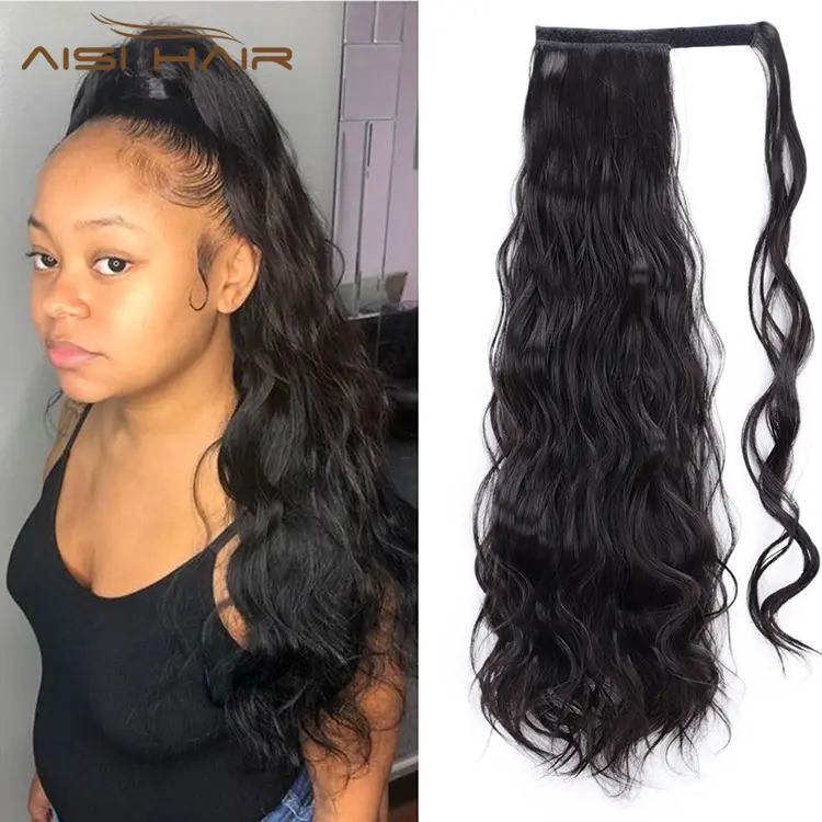 Aisi Haar Synthetische Körper Welle Gewellte Lange Pferdeschwanz-haar Extensions Schwarz Wrap Um Clip In Haarteile für Schwarze Frauen