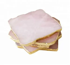 Fashion Semi-Precious Stone Craft , Pink Quartz Slice Coaster, Gold Plated Square Crystal for Home Decoration