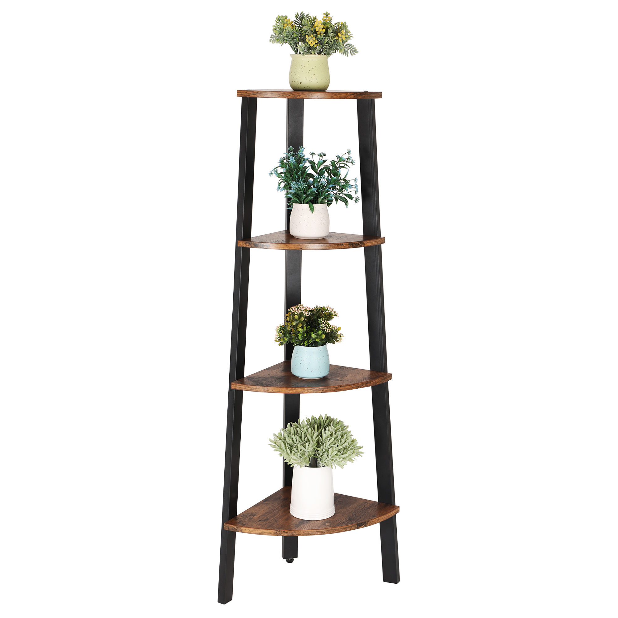 VASAGLE Corner Shelf 4-Tier Bookshelf Storage Rack Plant Stand Rustic Wood Accent Industrial Furniture with Metal Frame