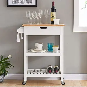 HUAYAO Rolling Kitchen Cart Microwave Storage Island with Wheels White for Dining Rooms Kitchens and Living Rooms