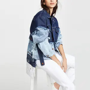 Denim Washed Frayed Color Block Layer Drop shoulder Oversized Asymmetrical Jacket Women