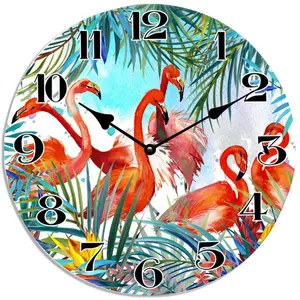 Jam Dinding Modern Seni Flamingo Bentuk Bulat, Jam Dinding Kaca untuk Dekorasi Agama Foto Cetak Pada Jam