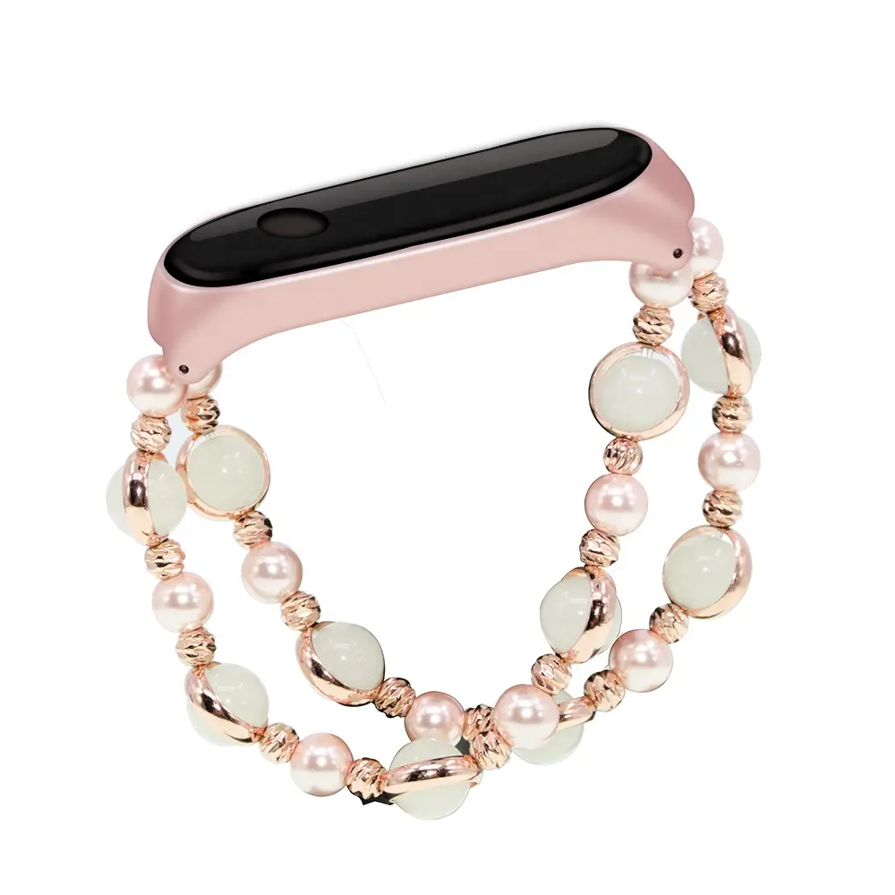 Handmade Luminous Beads Faux Pearl Elastic Stretch Replacement Strap For Xiaomi Mi Band 3 2