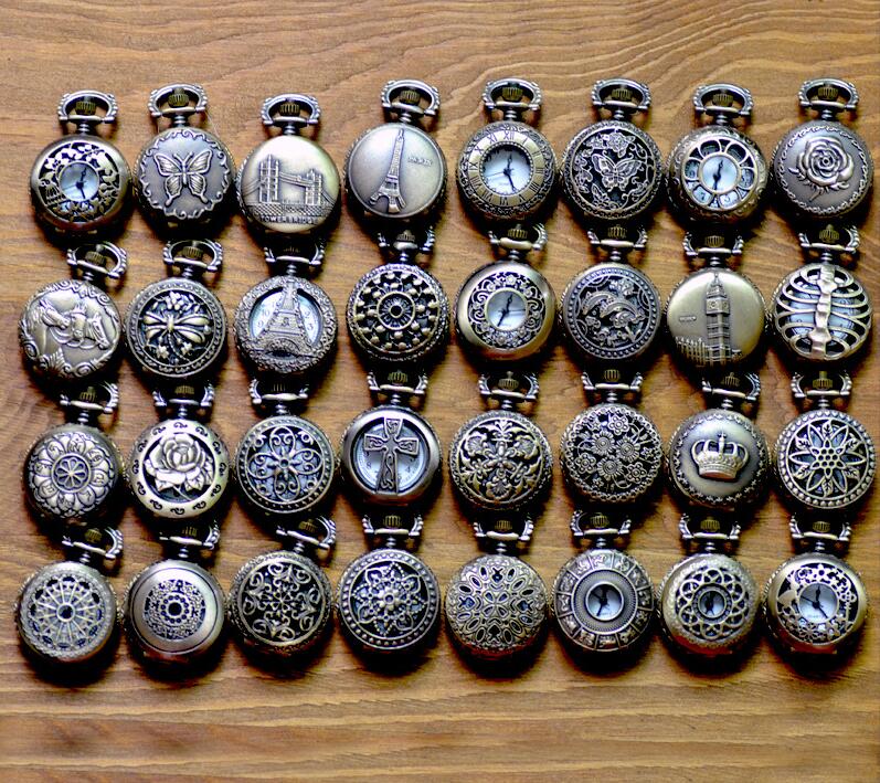 Оптовая продажа Mix 32 дизайна Малый размер классические римские бронзовые диаметр 27 мм винтажные антикварные карманные часы в форме сердца