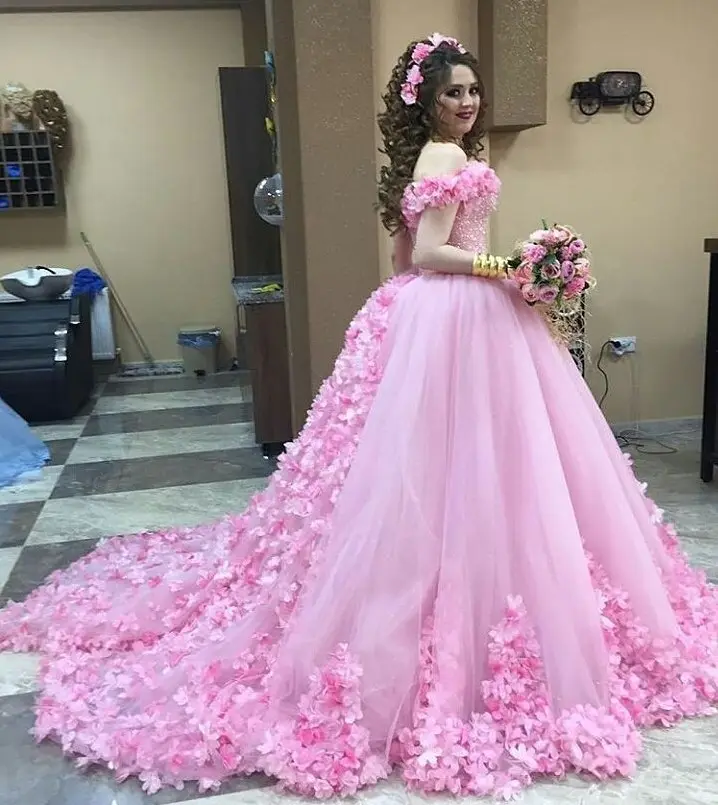 Full Pink Embellishments Plus Size Wedding Dress Ball Gown