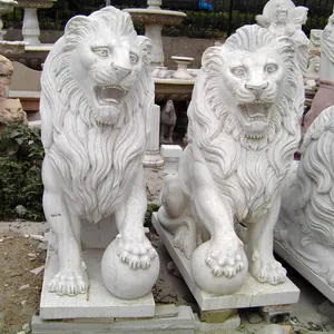 Estatua de León con bola de piedra para exteriores, Mármol Blanco chino, un par de animales
