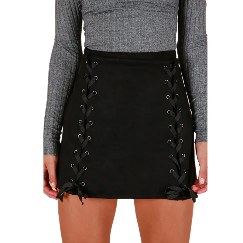 2019 Ladies High Quality Black Faux Suede Mini Skirt With Front Lace Up