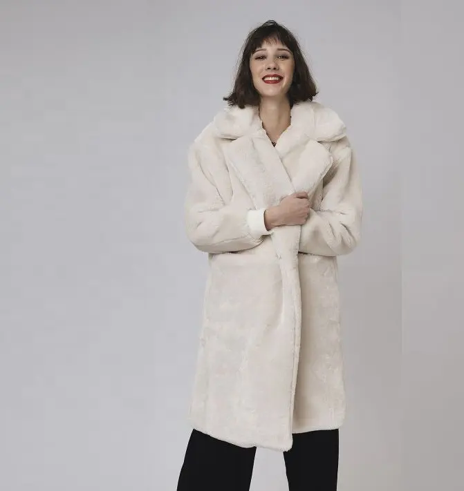 Kadın Moda Uzun Kollu Yaka Zip Up Faux Tavşan Kürk Ceket Cepler ile Shaggy Büyük Boy Sıcak Kış Ceket